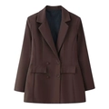 Deep brown double-breasted blazer with notched lapels and flap pockets on white background - Dark Brown