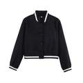 Classic black varsity jacket for women featuring white striped ribbed trim and snap buttons - S / Black