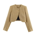Elegante goldene Tweed-Kurzjacke für Damen mit Rundhalsausschnitt und Bernstein-Knopf - S / Gold