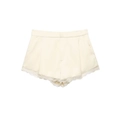 Women's high waist ivory satin shorts with elegant white lace trim and pleated details - XS / As Shown