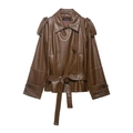 Bruine kunstleren jas met dubbele rij knopen, ceintuur en schouderdetails - XS / Bruin