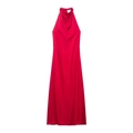 Elegante abito lungo in raso rosso con scollo all'americana e drappeggio fluido frontale - XS / Rosso