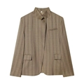 Damen-Karo-Blazer in Erdtönen mit Stehkragen und Einzelknopfverschluss in der Vorderansicht - XS / Khaki