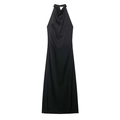 Elegante abito lungo in raso nero con scollo all'americana e scollo a cappuccio steso - XS / Nero