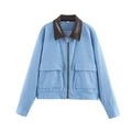 Detail of light blue corduroy jacket with dark brown faux leather collar and front pockets - Sky Blue