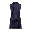 Ärmelloses Midnachtblau-Satin-Minikleid mit seitlicher Raffung und schwarzer Wimpernspitze - XS / Marineblau
