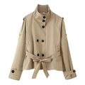 Women's khaki short trench coat with double-breasted buttons and tied waist belt - S / Khaki