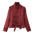Short double-breasted burgundy trench coat with waist belt and stand collar for women - S / Burgundy