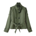 Detail of army green short trench coat featuring double-breasted buttons and epaulets - S / Army Green