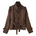 Short double-breasted brown trench jacket with belted waist and epaulets on white backdrop - S / Coffee