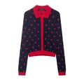 Navy blue knitted cardigan with red heart jacquard and classic polo collar - S / Navy Blue with Red