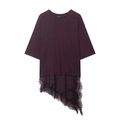 T-shirt viola scuro a maniche corte con orlo in pizzo asimmetrico e design artistico - rosso-marrone