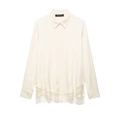 Elegant beige satin long sleeve shirt for women featuring delicate lace hem detailing - XS / Milky White