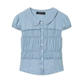 Short sleeve light blue denim shirt with pleated details and classic Peter Pan collar - XS / Light Blue