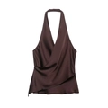 Detail of deep brown satin wrap top showing smooth fabric texture and draped V-neckline - XS / Tops / Coffee
