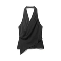 Chic black wrap halter top with a deep V-neck and asymmetric hem for a sleek summer look - XS / Tops / Black
