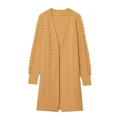 Detail of ginger yellow knit cardigan with rhinestone studs and vertical rib texture - Earthy Yellow