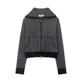Close-up detail of checkered knit zip-up cardigan with collar and ribbed cuffs - S / Black & White
