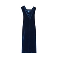 Elegant deep blue velvet sleeveless midi dress with asymmetrical draped neckline on white background - XS / Dark Blue