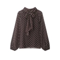 Élégante chemise en mousseline marron à pois avec manches longues et col noué - XS / café