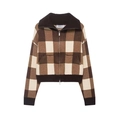 Retro brown checkerboard knit zip-up cardigan with stand collar and ribbed cuffs - S / Coffee