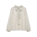 Chemisier vintage en mousseline à pois pour femme avec col montant et nœud papillon chic - XS / Blanc