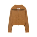 Brown vintage knitted zip-up cardigan with high neck collar and textured fabric detail - S / Caramel color