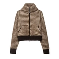 Brown and white checkered plush knit jacket with standing collar and double zipper closure - S / Light Coffee