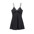 Elegant black satin slip dress with lace trim and V-neckline for women's sleepwear - S / Black