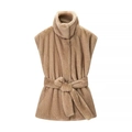 Damen Kunstpelz Weste in Hellbraun mit Stehkragen und verstellbarem Bindegürtel - S / Khaki