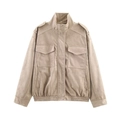 Faux suede khaki bomber jacket with high collar shoulder tabs and large chest pockets - XS / Khaki