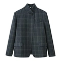 Vintage dunkelgraue karierte Blazerjacke mit Stehkragen und versteckter Knopfleiste - S / Dunkelgrau