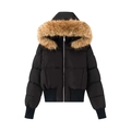 Short black puffer jacket with large brown faux fur hood and ribbed thumbhole cuffs - XS / Black