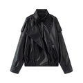 Women's black faux leather motorcycle jacket with stand collar and diagonal zip closure - XS / Black