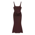 Elegantes ärmelloses dunkelbraunes Satin-Maxikleid mit Raffung und Fischschwanz-Saum - XS / Kaffeebraun
