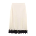 Elegante gonna midi in raso avorio con un raffinato bordo in pizzo nero sull'orlo - XS / Bianco
