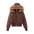 Doudoune d'hiver pour femme marron foncé avec bordure en fausse fourrure sur la capuche - Brun Foncé