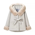 Kids grey hooded wool cloak coat with brown faux fur trim and front bow detail - S / Light Gray