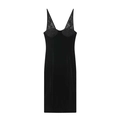 Elegant black velvet V-neck slip dress with floral lace patchwork and slim fit - S / Black