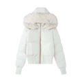 Detail of white hooded puffer jacket featuring a plush faux fur collar and ribbed cuffs - XS / White