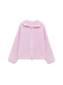 Primer plano de la textura de punto grueso y cremallera de esta chaqueta de punto rosa - S / Rosa