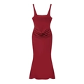 Dunkelrotes Satin-Maxikleid mit Raffungen, Karree-Ausschnitt und Meerjungfrau-Saum - XS / Rot