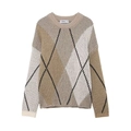 Jersey de punto vintage con estampado de rombos y cuello redondo en beige y gris - S / Contraste Caqui Claro