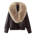 Dames donkerbruin leren jack met grote afneembare bontkraag en elastische tailleband - S / koffiekleur
