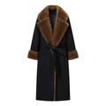 Chic black cinched wool coat with brown faux fur collar and matching waist belt - S / Black