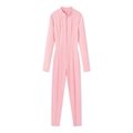 Pink slim fit long sleeve jumpsuit with mock neck and zipper closure on white background - S / Pink