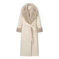 Elegant off-white long wool coat with faux fur collar and waist tie for women - S / Off White