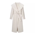 Elegant cream wool coat with large lapels and waist tie for a stylish women's look - S / White