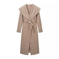 Elegant camel wool coat with large shawl collar and belted waist in minimalist style - S / Khaki