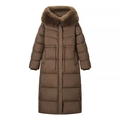 Parka invernale lungo da donna marrone scuro con cappuccio in pelliccia e coulisse in vita - S / Cachi